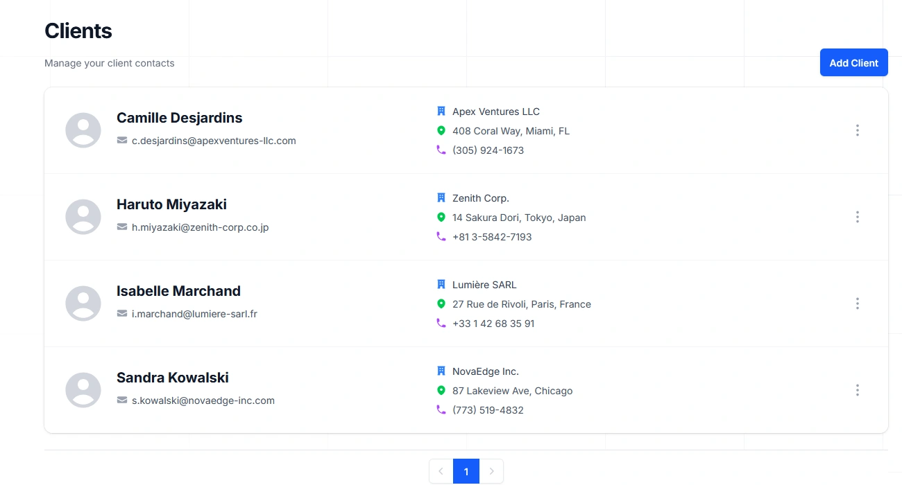 Client management view showing saved clients